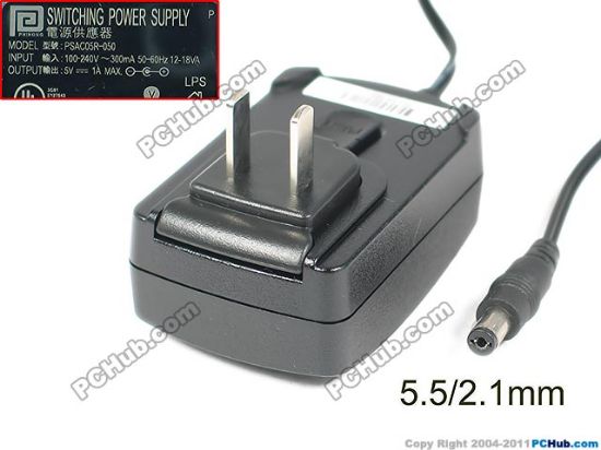 Picture of PHIHONG PSAC05R-050 AC Adapter - NEW Original 5V 1A, 5.5/2.1mm, US 2-Pin, New