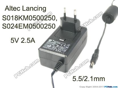 Picture of Altec Lancing S018KM0500250 AC Adapter 5V-12V 5V 2.5A, 5.5/2.1mm, EU 2P Plug, New