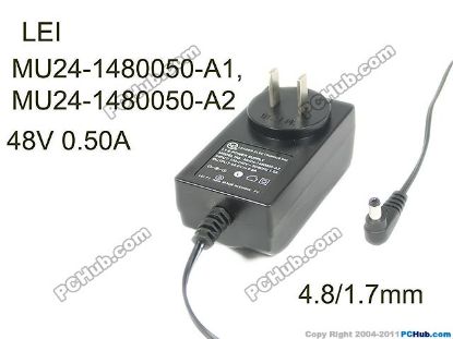 Picture of LEI / Leader MU24-1480050-A1 AC Adapter 20V & Above 48V 0.50A, 4.8/1.7mm, US 2P Plug, New