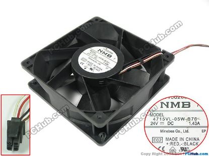 Picture of NMB-MAT / Minebea 4715VL-05W-B76 Server - Square Fan E02, DC 24V 1.43A, 120x120x38mm, w40x4x4