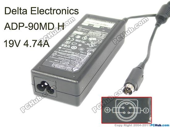 Picture of Delta Electronics ADP-90MD AC Adapter- Laptop 19V 4.74A, 4P P3&4=V+, 3-Prong, NEW