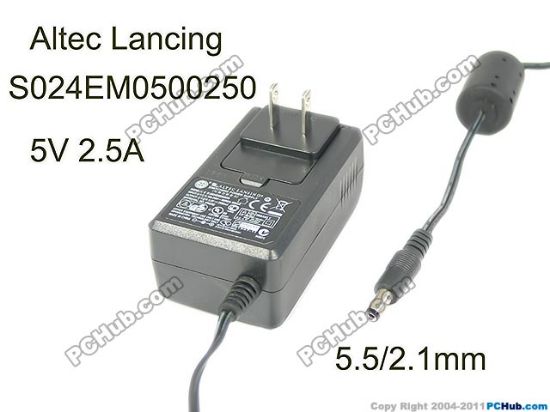 Picture of Altec Lancing S024EM0500250 AC Adapter 5V-12V 5V 2.5A, Barrel 5.5/2.1mm, US 2-Pin Plug,New