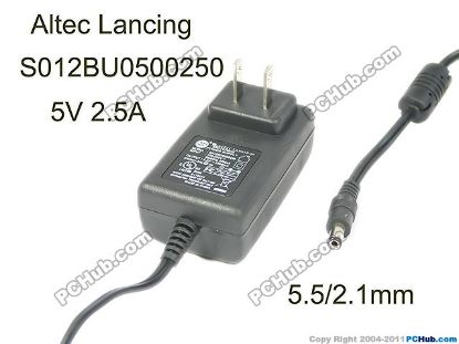 Picture of Altec Lancing S012BU0500250 AC Adapter 5V-12V 5V 2.5A, Barrel 5.5/2.1mm, US 2-Pin Plug