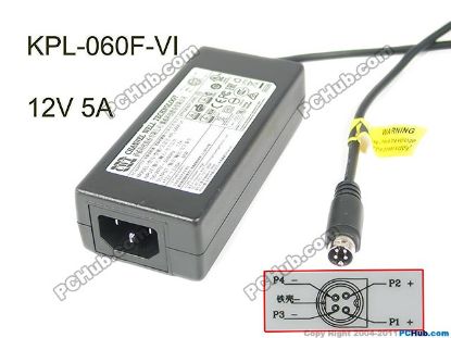 Picture of CWT / Channel Well Technology KPL-060F-VI AC Adapter 5V-12V 12V 5A, 4-Pin Din, IEC C14