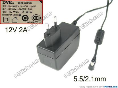 Picture of DVE DSA-24PFG-12 AC Adapter 5V-12V 12V 2A 5.5/2.1MM, EU 2-Pin Plug, New