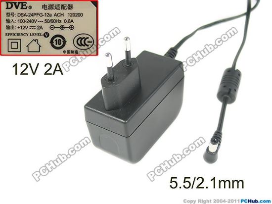 Picture of DVE DSA-24PFG-12 AC Adapter 5V-12V 12V 2A 5.5/2.1MM, EU 2-Pin Plug, New