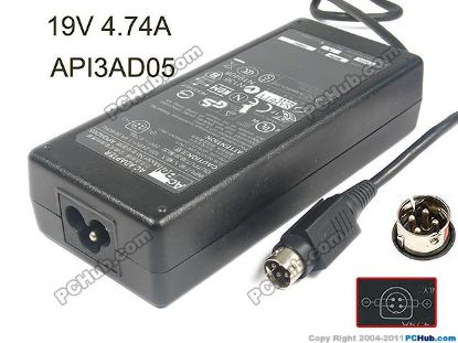 Picture of Acbel Polytech AD7043 AC Adapter- Laptop 19V 4.74A, 4-Pin DIN, 3-Prong, "Used"