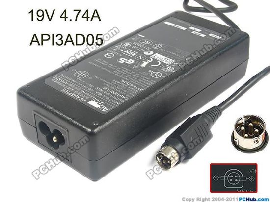 Picture of Acbel Polytech AD7043 AC Adapter- Laptop 19V 4.74A, 4-Pin DIN, 3-Prong, "Used"