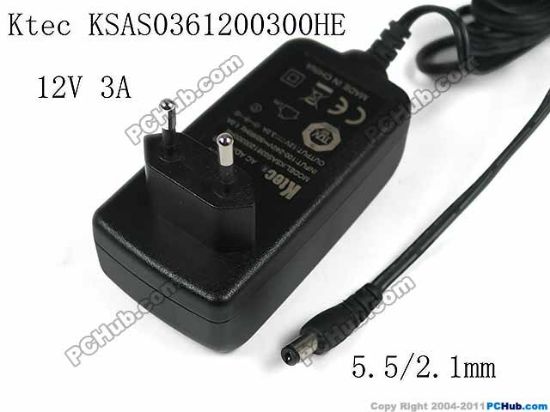 Picture of Ktec KSAS0361200300HE AC Adapter 5V-12V 12V 3A, 5.5/2.1mm, EU 2P