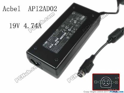 Picture of Acbel Polytech API2AD02 AC Adapter- Laptop 19V 4.74A, 4-Pin P3&4=V+, 3-Prong,New