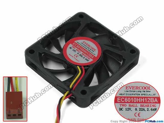Picture of EverCool EC6010HH12BA Server - Square Fan sq60x60x10mm, w40x3x3, 12V 0.22A