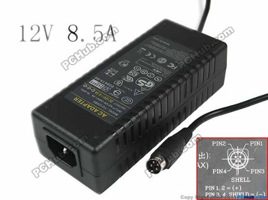 Picture of PCH OEM Power AC Adapter 5V-12V YU1285, 12V 8.5A, 4P P1&4=V+, C14, New