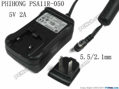 Picture of PHIHONG PSA11R-050 AC Adapter - NEW Original 5V 2A, 5.5/2.1mm, US 2-Pin