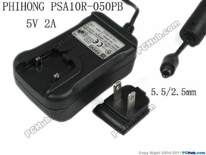 Picture of PHIHONG PSA10R-050PB AC Adapter - NEW Original PSA10R-050PB, 5V 2A, Barrel 5.5/2.5mm, US 2-Pin Pl