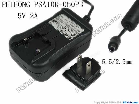 Picture of PHIHONG PSA10R-050PB AC Adapter - NEW Original PSA10R-050PB, 5V 2A, Barrel 5.5/2.5mm, US 2-Pin Pl