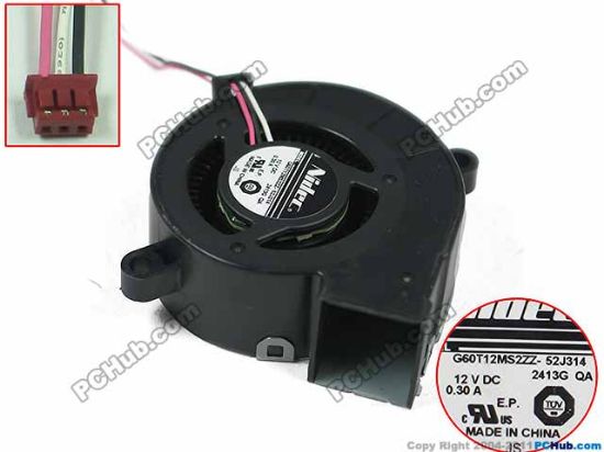 Picture of Nidec G60T12MS2ZZ-52J314 Server - Blower Fan 2413G, bw60x60x25mm, w50x3x3, 12V 0.3A