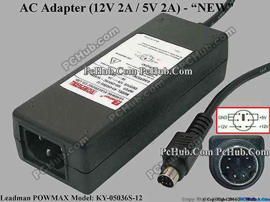 30714 Leadman KY-05036S-12 AC Adapter 5V-12V 12V 2A, 5V 2A, 6P, P1&2=5V, P3&4=12V, C14, New Leadman KY-05036S-12 AC Adapter 5V-12V POWMAX<br />
LEADMAN ELECTRONIC CO. LTD<br />
Model: KY-05036S-12<br />
<br />
INPUT: 100-240V~2A 50/60Hz<br />
OUTPUT: 12V 2A<br />
&nbsp;&nbsp;&nbsp;&nbsp;&nbsp;&nbsp;&nbsp;&nbsp;&nbsp;&nbsp;&nbsp;&nbsp;&nbsp;&nbsp; 5V 2A<br />
CONNECTOR: 6-pin<br />
<br />
Dimensions: 125 x 48 x 31 mm<br />
<br />
<font face="Verdana" color="#444444">*For use with External Case For Hard Disk&nbsp;or Optical Drive.<br />
<br />
**Please take note, IEC AC <a href="http://www.pchub.com/uph/category/356/Power-Core.html">power cord</a>&nbsp;not included.<br />
</font>