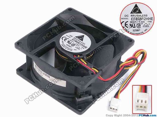 67761 Delta Electronics EFB0812HHE Server - Square Fan -F00, sq80x80x38, w220x3x3, 12V 0.62A Delta Electronics EFB0812HHE Server - Square Fan 