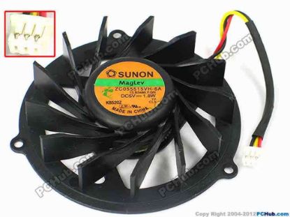 71733 SUNON ZC055515VH-6A Cooling Fan  13.B3485.F.GN, dia55x13, w60x3x3, 1.8W, Bare Fan SUNON ZC055515VH-6A Cooling Fan  