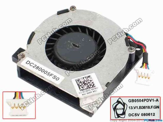 72447 SUNON GB0504PDV1-A Cooling Fan  13.V1.B3618.F.GN, bw40x40x8, w20x4x4, 5V, Bare Fan SUNON GB0504PDV1-A Cooling Fan  DC280005FS0
