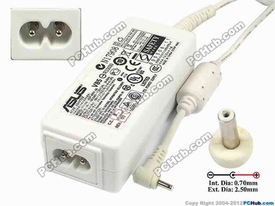 74511 ASUS Common Item (Asus) AC Adapter- Laptop 19V 2.1A, 2.5/0.7mm 2-Prong, White ASUS Common Item (Asus) AC Adapter- Laptop <b>»In stock now ready to ship in 24 hours</b>. 
<p><span class="span11" id="ctl00_ContentPlaceHolder1_ItemDesc1_Label19"></span></p><span class="span11" id="ctl00_ContentPlaceHolder1_ItemDesc1_lblItemDescription">Model: ADP-40PH AB<br />
<br />
INPUT: 100-240V~ 1.2A, 50-60Hz <br />
OUTPUT: 19V 2.1A 40W<br />
Connecter size: Int. Diameter: 0.70mm <br />
Ext. Diameter: 2.5mm<br />
<br />
<div></div>
<div>Dimension: 86 x 35 x 26 mm</div>
<div></div>
<div>*When buying any compatible AC adapter, please take note the type of power cord(2 or 3-prong) used.</div>
<div>
<p>**Please take note, 2 wire AC <a shape="rect" href="http://www.pchub.com/uph/category/356-0-0-1-2/Laptop-Spare-Part.html"><font color="#810081">power cord</font></a> not included.</p></div></span>