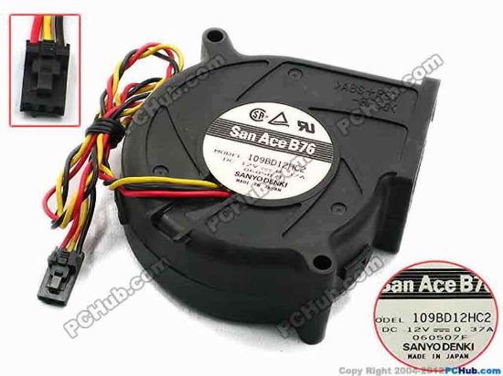 74847 Sanyo Denki 109BD12HC2 Server - Blower Fan bw76x76x30, w300x3x3, 12V 0.37A  Sanyo Denki 109BD12HC2 Server - Blower Fan 