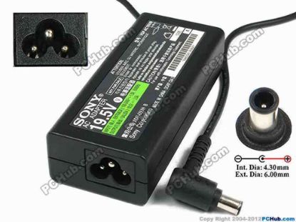 75130 Sony Vaio Parts AC Adapter- Laptop 19.5V 3.3A, 6.0/4.3mm With Pin, 3-Prong, New Sony Vaio Parts AC Adapter- Laptop <span class="span11" id="ctl00_ContentPlaceHolder1_ItemDesc1_lblItemDescription">Model: VGP-AC19V35<br />
Sony P/N: 148095531, 1-480-955-31<font face="Arial"><br />
</font><br />
INPUT: 100-240V~ 1.5A, 50-60Hz<br />
OUTPUT: 19.5V 3.3A 65W<br />
Connecter size: Int. Diameter: 4.30mm&nbsp;&nbsp;&nbsp; <br />
&nbsp;&nbsp;&nbsp;&nbsp;&nbsp;&nbsp;&nbsp;&nbsp;&nbsp;&nbsp;&nbsp;&nbsp;&nbsp;&nbsp;&nbsp;&nbsp;&nbsp;&nbsp;&nbsp;&nbsp;&nbsp;&nbsp; Ext. Diameter: 6.00mm<br />
&nbsp;&nbsp;&nbsp;&nbsp;&nbsp;&nbsp;&nbsp;&nbsp;&nbsp;&nbsp;&nbsp;&nbsp;&nbsp;&nbsp;&nbsp;&nbsp;&nbsp;&nbsp;&nbsp;&nbsp;&nbsp;&nbsp; Length:&nbsp;&nbsp;&nbsp;&nbsp;&nbsp;&nbsp;&nbsp;&nbsp; : 9.00mm<br />
&nbsp;&nbsp;&nbsp;&nbsp;&nbsp;&nbsp;&nbsp;&nbsp;&nbsp;&nbsp;&nbsp;&nbsp;&nbsp;&nbsp;&nbsp;&nbsp;&nbsp;&nbsp;&nbsp;&nbsp;&nbsp;&nbsp; 1.4 mm Pin in the Middle 
<p>Dimension: 105 x&nbsp;45 x&nbsp;28 mm<br />
<br />
<font color="#444444" face="Verdana"><font color="#444444" face="Verdana"><font color="#444444" face="Verdana">*<font color="#444444" face="Verdana">Please take note,&nbsp;3 wire AC&nbsp;<a shape="rect" href="http://www.pchub.com/uph/category/356/Power-Core.html"><font color="#800080">power cord</font></a> not included</font></font></font></font></p></span>
