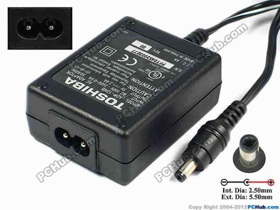 75275 Toshiba Common Item (Toshiba) AC Adapter- Laptop 5V 2.4A, 5.0/1.7mm, 2-prong Toshiba Common Item (Toshiba) AC Adapter- Laptop <b>»In stock now ready to ship in 24 hours</b>.&nbsp;
<p><span class="span11" id="ctl00_ContentPlaceHolder1_ItemDesc1_Label19"></span></p><span class="span11" id="ctl00_ContentPlaceHolder1_ItemDesc1_lblItemDescription">Model: ADP-12NB<br />
<p>INPUT: 100-240V~ 0.5A, 50-60Hz <br />
OUTPUT: 5V 2.4A 12W<br />
Connecter size: Int. Diameter: 1.70mm <br />
Ext. Diameter: 5.00mm<br />
<br />
Dimensions: 65 x 50 x 26 mm</p>
<p>***Please take note, 2 wire AC <a href="http://www.pchub.com/uph/category/356-0-0-1-2/Laptop-Spare-Part.html"><font color="#810081">power cord</font></a> not included.</p></span>