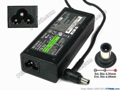 75281 Sony Vaio Parts AC Adapter- Laptop 19.5V 4.7A, 6.0/4.3mm With Pin, 3-Prong   Sony Vaio Parts AC Adapter- Laptop <span class="span11" id="ctl00_ContentPlaceHolder1_ItemDesc1_lblItemDescription">
<p><span id="ctl00_ContentPlaceHolder1_ItemDesc1_lblItemDescription">Model: VGP-AC19V36<br />
Sony P/N: 1-480-132-31, 148013231</span></p>
<p>INPUT: 100-240V~ 1.5A, 50-60Hz<br />
OUTPUT: 19.5V 4.7A 150W<br />
Connecter size: Int. Diameter: 4.30mm <br />
Ext. Diameter: 6.00mm<br />
</p>
<p>Dimension: 121 x 49 x 30 mm<br />
<br />
<font color="#444444" face="Verdana"><font color="#444444" face="Verdana"><font color="#444444" face="Verdana">*<font color="#444444" face="Verdana">Please take note, 3 wire AC <a shape="rect" href="http://www.pchub.com/uph/category/356/Power-Core.html"><font color="#800080">power cord</font></a> not included.</font></font></font></font></p></span>
