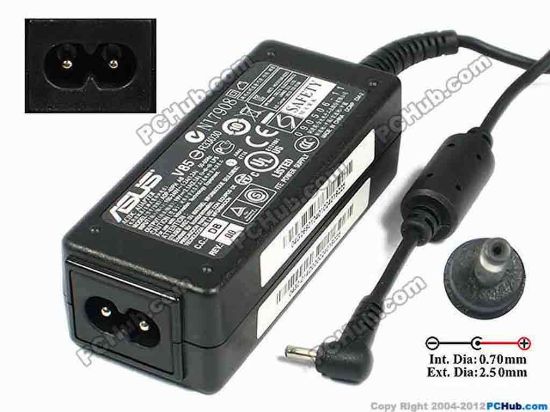 75316 ASUS Common Item (Asus) AC Adapter- Laptop 19V 2.1A, 2.5/0.7mm 2-Prong ASUS Common Item (Asus) AC Adapter- Laptop <span style="font-family: simsun; color: #000000; font-size: medium">
<div style="padding-bottom: 2px; border-right-width: 0px; background-color: #ffffff; padding-left: 2px; padding-right: 2px; font-family: verdana, sans-serif; border-top-width: 0px; border-bottom-width: 0px; color: #404040; font-size: 10pt; border-left-width: 0px; padding-top: 2px"><span class="span11" id="ctl00_ContentPlaceHolder1_ItemDesc1_lblItemDescription">Model: EXA0901XH<br />
<br />
INPUT: 100-240V~ 1.0A, 50-60Hz&nbsp;<br />
OUTPUT: 19V 2.1A 40W<br />
Connecter size: Int. Diameter: 0.70mm&nbsp;<br />
Ext. Diameter: 2.5mm<br />
<br />
<div></div>
<div>Dimension: 86 x 35 x 25 mm</div>
<div></div>
<div>*When buying any compatible AC adapter, please take note the type of power cord(2 or 3-prong) used.</div>
<div>
<p>**Please take note, 2 wire AC&nbsp;<a href="http://www.pchub.com/uph/category/356-0-0-1-2/Laptop-Spare-Part.html"><font color="#810081">power cord</font></a>&nbsp;not included.</p></div></span></div></span>