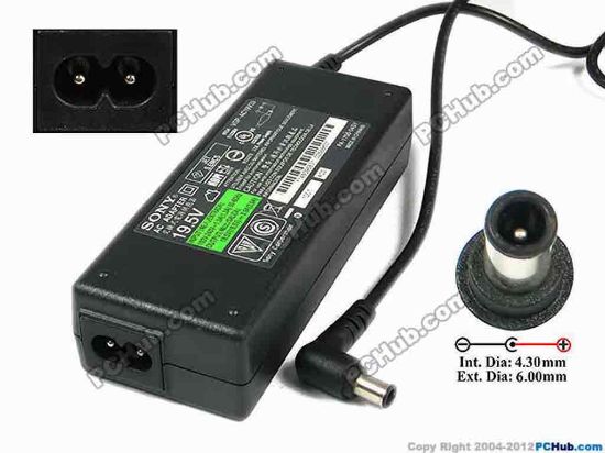 75320 Sony Vaio Parts AC Adapter- Laptop VGP-AC19V33, 19.5V 3.9A, Tip-E, 2-Prong Sony Vaio Parts AC Adapter- Laptop <p><span id="ctl00_ContentPlaceHolder1_ItemDesc1_lblItemName1">Sony Vaio Parts AC Power Adapter</span> </p>
<p><span id="ctl00_ContentPlaceHolder1_ItemDesc1_lblItemDescription">Model: VGP-AC19V33<br />
Sony P/N: 148096831,&nbsp;<font face="Arial"><span style="font-family: verdana, sans-serif">1-480-968-31</span><br />
</font><br />
INPUT: 100-240V~ 1.1A, 50-60Hz<br />
OUTPUT: 19.5V 3.9A 76W<br />
Connecter size: Int. Diameter: 4.30mm <br />
Ext. Diameter: 6.00mm<br />
</span></p>
<p>Dimension: 126 x 50 x 31 mm<br />
<br />
<font color="#444444" face="Verdana"><font color="#444444" face="Verdana"><font color="#444444" face="Verdana">*<font color="#444444" face="Verdana">Please take note, 2 wire AC <a href="http://www.pchub.com/uph/category/356/Power-Core.html"><font color="#800080">power cord</font></a> not included</font></font></font></font></p>