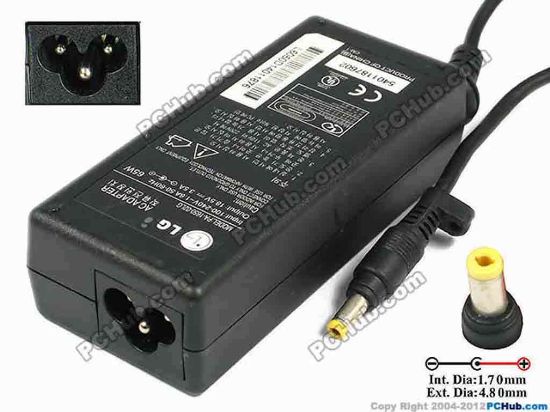 77851 LG Common Item (LG) AC Adapter- Laptop 18.5V 3.5A, 4.8/1.7mm, 3-Prong LG Common Item (LG) AC Adapter- Laptop <div style="border-width: 0px; padding: 2px; font-size: 10pt;"><span class="span11" id="ctl00_ContentPlaceHolder1_ItemDesc1_lblItemDescription">
<div><b>»In stock now ready to ship in 24 hours</b>.
<p><span class="span11" id="ctl00_ContentPlaceHolder1_ItemDesc1_Label19"></span></p><span class="span11" id="ctl00_ContentPlaceHolder1_ItemDesc1_lblItemDescription">
<p><span id="ctl00_ContentPlaceHolder1_ItemDesc1_lblItemDescription">Liteon Model: PA-1650-02LG<br />
INPUT: 100-240V~ 1.6A, 50-60Hz&nbsp;<br />
OUTPUT: 18.5V 3.5A 65W<br />
Connecter size: Int. Diameter: 1.70mm&nbsp;<br />
Ext. Diameter:4.80mm<br />
Length : 10.00mm</span></p>
<p>Dimension: 105 x 47 x 29 m2m</p>
<div>
<p>**Please take note, 3 wire AC&nbsp;<a shape="rect" href="http://www.pchub.com/uph/category/356-0-0-1-2/Laptop-Spare-Part.html"><font color="#810081">power cord</font></a>&nbsp;not included.</p></div></span></div></span></div>