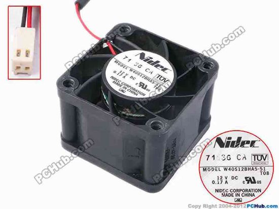 81654 Nidec W40S12BHA5-51 Server - Square Fan T08, sq40x40x28, w250x2x2, 12V 0.17A Nidec W40S12BHA5-51 Server - Square Fan 