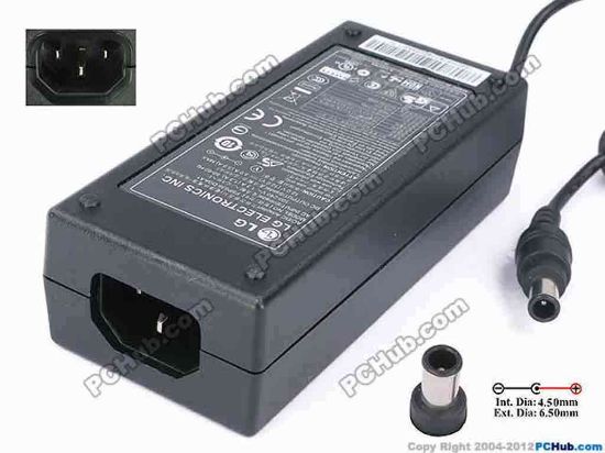82000 LG Common Item (LG) AC Adapter 5V-12V 12V 3A, Barrel 6.5/4.5mm With Pin, C14, New LG Common Item (LG) AC Adapter 5V-12V AC Adapter Model: FSP036-DGAA1<br />
<br />
INPUT: 100-240V~ 1.3A,  50-60Hz<br />
OUTPUT: 12V 3A 36W<br />
Connector Size: Int. Diameter:  4.50mm<br />
                        Ext. Diameter:  6.50mm<br />
                        Pin in the Middle<br />
<br />
Dimensions:&nbsp;109 x&nbsp;49  x 32 mm<br />
<br />
<font color="#444444" face="Verdana">*Please take note,  3-wire (IEC  C13) AC <a shape="rect" href="http://www.pchub.com/uph/category/356/Power-Core.html"><font color="#800080">power cord</font></a> not included.</font>