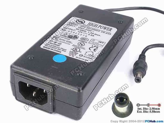 82001 Other Brands HIGH POWER AC Adapter 5V-12V 12V 5A, 5.5/2.5mm, C14 Other Brands HIGH POWER AC Adapter 5V-12V <span class="span11" id="ctl00_ContentPlaceHolder1_ItemDesc1_lblItemDescription">
<p><span id="ctl00_ContentPlaceHolder1_ItemDesc1_lblItemDescription">Model:  HPA-601250U3</span></p>
<p>INPUT: 100-240V~ 1.5A, 50-60Hz <br />
OUTPUT: 12V 5.0A  48W<br />
Connecter size: Int. Diameter: 2.50mm    <br />
                             Ext. Diameter:  5.50mm</p>
<p>Dimension:  123 x&nbsp;58 x 31 mm</p>
<p>**Please take note, 3 wire IEC C13 AC <a shape="rect" href="http://www.pchub.com/uph/category/356-0-0-1-2/Laptop-Spare-Part.html"><font color="#810081">power cord</font></a> not included.</p></span>