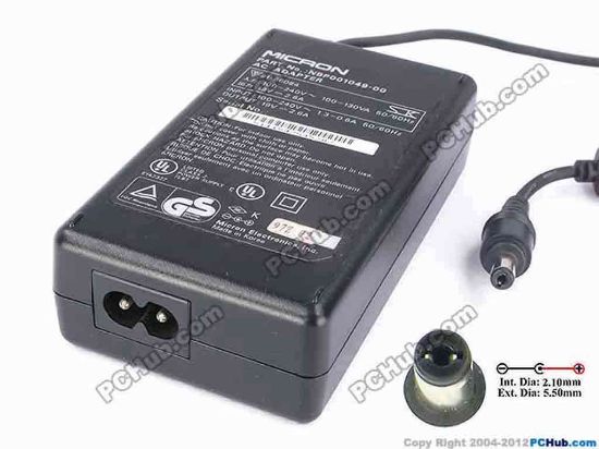 82080 Micron Common Item (Micron) AC Adapter- Laptop 19V 2.6A, 5.5/2.1mm, 2-Prong Micron Common Item (Micron) AC Adapter- Laptop <div>Model: NBP001049-00</div>
<div><br />
</div>
<div>INPUT: 100-240V~100-130VA, 50-60Hz&nbsp;</div>
<div>OUTPUT: 19V 2.6A 49W</div>
<div>Connecter size: Int. Diameter: 2.10mm&nbsp;</div>
<div>Ext. Diameter: 5.50mm</div>
<div><br />
</div>
<div>Dimensions: 110 X 61 X 31 mm</div>
<div><br />
</div>
<div>*Please take note, 3 wire AC power cord not included.</div>