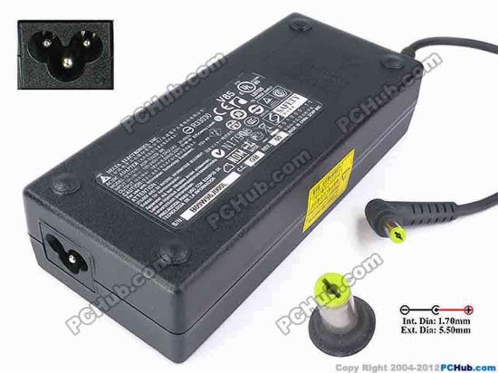 82121 Delta Electronics ADP-120ZB BB AC Adapter- Laptop 19V 6.32A, 5.5/1.7mm, 3-Prong Delta Electronics ADP-120ZB BB AC Adapter- Laptop <div>Model: ADP-120ZB BB</div>
<div><br />
</div>
<div>INPUT: 100-240V~2.0A, 50-60Hz&nbsp;</div>
<div>OUTPUT: 19V 6.32A 120W</div>
<div>Connecter size: Int. Diameter: 1.70mm&nbsp;</div>
<div>Ext. Diameter: 5.50mm</div>
<div><br />
</div>
<div>Dimensions: 155 X 67 X 37 mm</div>
<div><br />
</div>
<div>*Please take note, 3 wire AC power cord not included.</div>
<div><br />
</div>