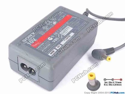 82149 Sony Vaio Parts AC Adapter 5V-12V 10V 1.5A, 4.8/1.7mm, 2-Prong Sony Vaio Parts AC Adapter 5V-12V <div>SONY AC Adatper Model: PCGA-AC10V</div>
<div><br />
</div>
<div>INPUT: 100-240V~ 0.5A, 50-60Hz</div>
<div>OUTPUT: 10V 1.5A 15W</div>
<div>Connecter size: Int. Diameter: 1.7mm&nbsp;</div>
<div>Ext. Diameter: 4.80mm&nbsp;</div>
<div><br />
</div>
<div>Dimension: 85 x 50 x 32 mm</div>
<div><br />
</div>
<div>*Please take note, 2 wire AC power cord not included.&nbsp;</div>