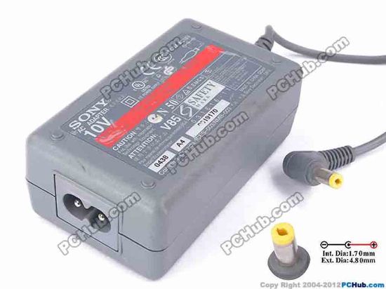 82149 Sony Vaio Parts AC Adapter 5V-12V 10V 1.5A, 4.8/1.7mm, 2-Prong Sony Vaio Parts AC Adapter 5V-12V <div>SONY AC Adatper Model: PCGA-AC10V</div>
<div><br />
</div>
<div>INPUT: 100-240V~ 0.5A, 50-60Hz</div>
<div>OUTPUT: 10V 1.5A 15W</div>
<div>Connecter size: Int. Diameter: 1.7mm&nbsp;</div>
<div>Ext. Diameter: 4.80mm&nbsp;</div>
<div><br />
</div>
<div>Dimension: 85 x 50 x 32 mm</div>
<div><br />
</div>
<div>*Please take note, 2 wire AC power cord not included.&nbsp;</div>
