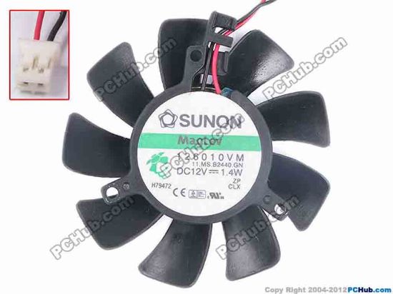 82740 SUNON 126010VM Server - Frameless / GPU Fan 11.MS.B2440.GN, dia55x55x10, w100x2x2, 12V 1.4W SUNON 126010VM Server - Frameless / GPU Fan <br />
<br />
