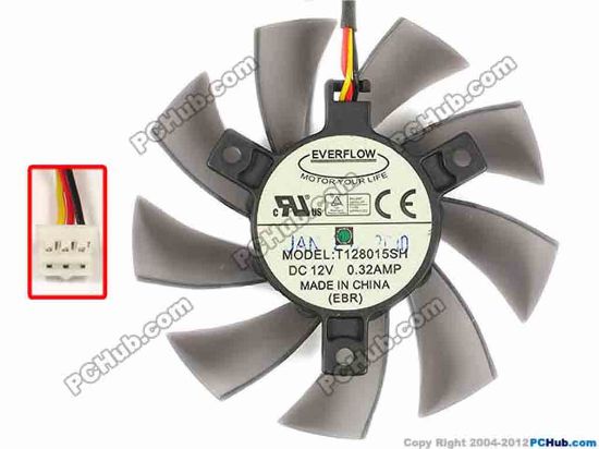 87195 Everflow T128015SH Server - Frameless / GPU Fan 12V 0.32A, W125x2x2, D75xC39, Trans. Grey Everflow T128015SH Server - Frameless / GPU Fan 