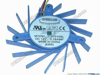 87934 Everflow T127010SL Server - Frameless / GPU Fan 12V 0.18A, W100x3x3, D73xC44x44x52, Blue Blower Everflow T127010SL Server - Frameless / GPU Fan 