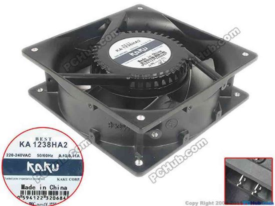 91117 Kaku KA1238HA2 Server - Square Fan sq120x120x38, 240V 60Hz Kaku KA1238HA2 Server - Square Fan 