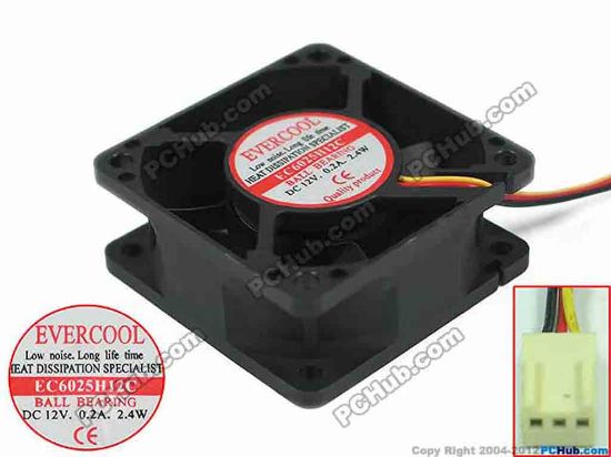91324 EverCool EC6025H12C Server - Square Fan sq60x60x25, w85x3x3, 12V 0.2A EverCool EC6025H12C Server - Square Fan 
