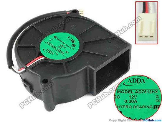93382 ADDA AD7512HX Server - Blower Fan S(3), bw75x75x30, w85x3x3, 12V 0.39A ADDA AD7512HX Server - Blower Fan 