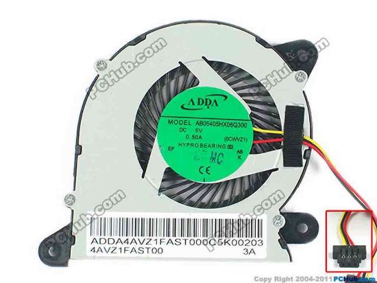 93676 ADDA AB05405HX06Q300 Cooling Fan  0CWVZ1, w25x3x3, 5V 0.50A, Bare fan ADDA AB05405HX06Q300 Cooling Fan  