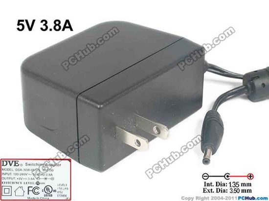 116770 DVE DSA-30W-05  AC Adapter 5V-12V 5V 3.8A,  3.5/1.35mm, US 2-Pin Plug DVE DSA-30W-05  AC Adapter 5V-12V 