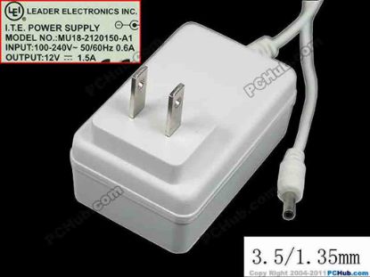 117641 LEI / Leader MU18-2120150-A1 AC Adapter - NEW Original 12V 1.5A, 3.5x1.3mm, US 2-Pin, New LEI / Leader MU18-2120150-A1 AC Adapter - NEW Original 