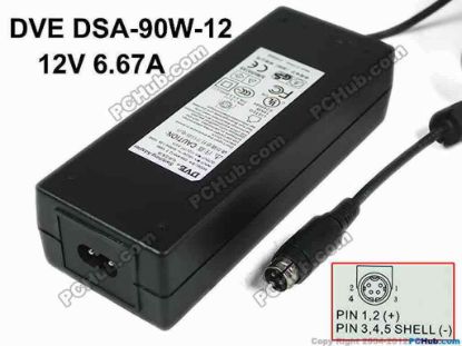118980 DVE DSA-90W-12 AC Adapter 5V-12V 12V 6.67A, 4-Pin P1&4=V+, 2-Prong DVE DSA-90W-12 AC Adapter 5V-12V 