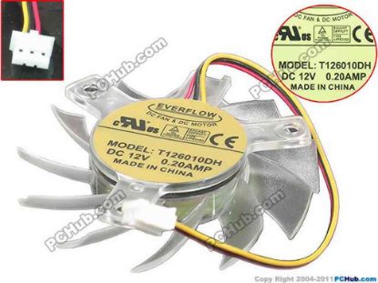 119989 Everflow T126010DH Server - Frameless / GPU Fan 55mm dia. Hole=40x40x40mm, w70x3x3, 12V 0.25A Everflow T126010DH Server - Frameless / GPU Fan 